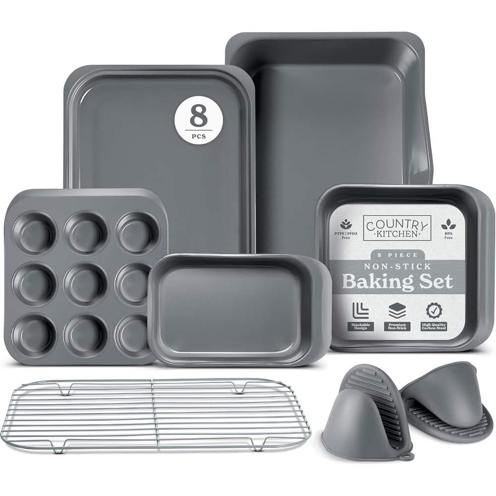 Country Kitchen 8-Piece Bakeware Set, Nonstick Baking Pans & Nesting Baking Sheets, Durable Steel, Grey