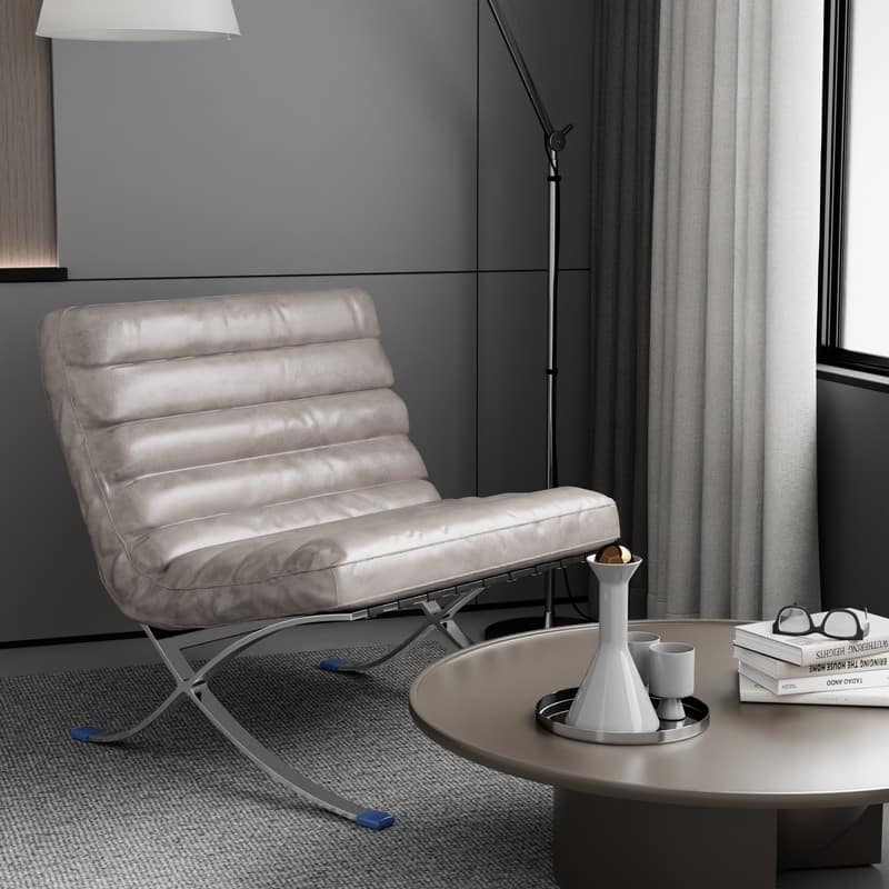 Mid Century Tufted Top Grain Leather Upholstered Lounge Chair - Grey Genuine Leather Striped