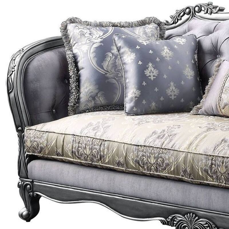 HomeRoots 89" Platinum Imitation Silk Damask Sofa And Toss Pillows - 89