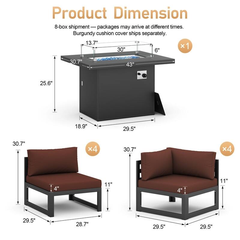 9-Piece Modern Aluminum Outdoor Furniture Set With Fire Pit Table Propane/Gas 60,000 BTU, Extra Large Aluminum Patio Sectional
