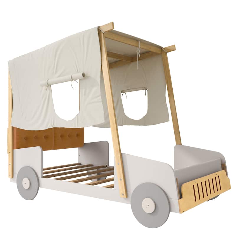 Wood Twin/Full Size Car Bed with Pillow, Ceiling Cloth