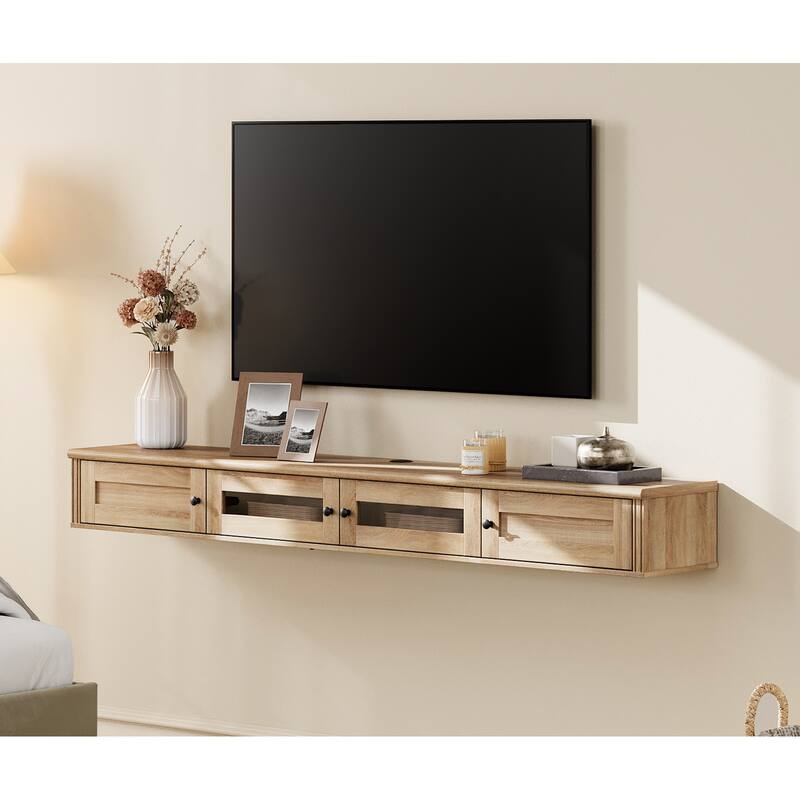 WAMPAT Floating TV Stand for TVs up to 80 Inches, Wall-Mounted Wooden TV Shelf with Built-in Charging Station - Oak