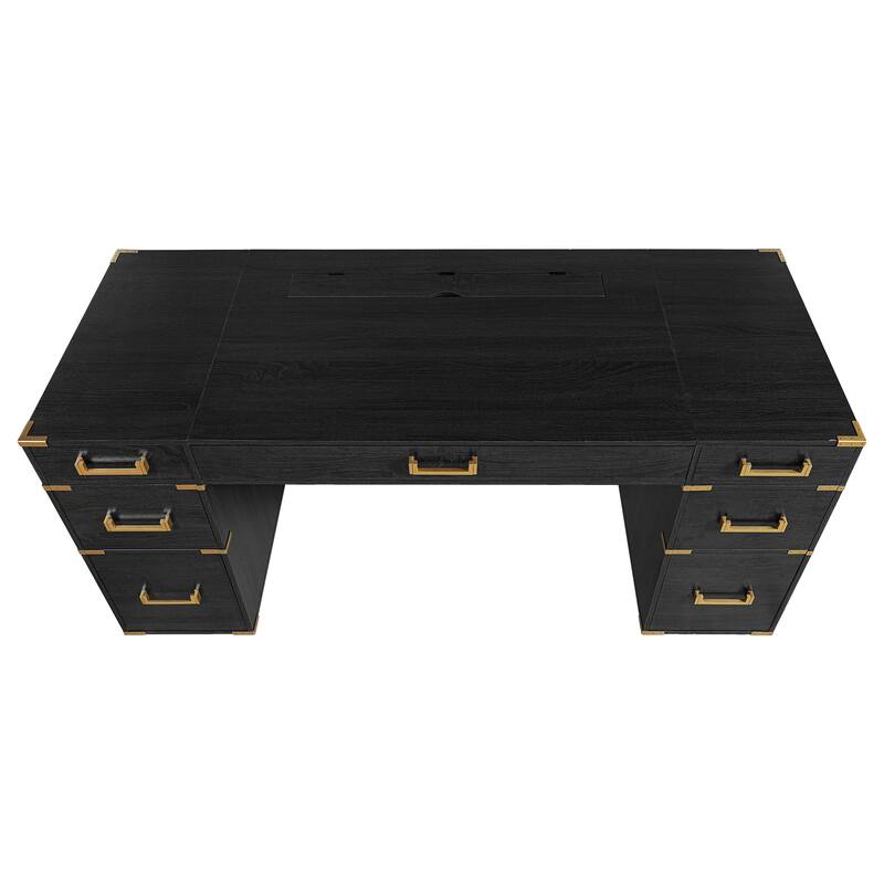 70" Traditional Executive Desk with Metal Trim, 2 File Drawers, USB Ports & Hidden Compartment