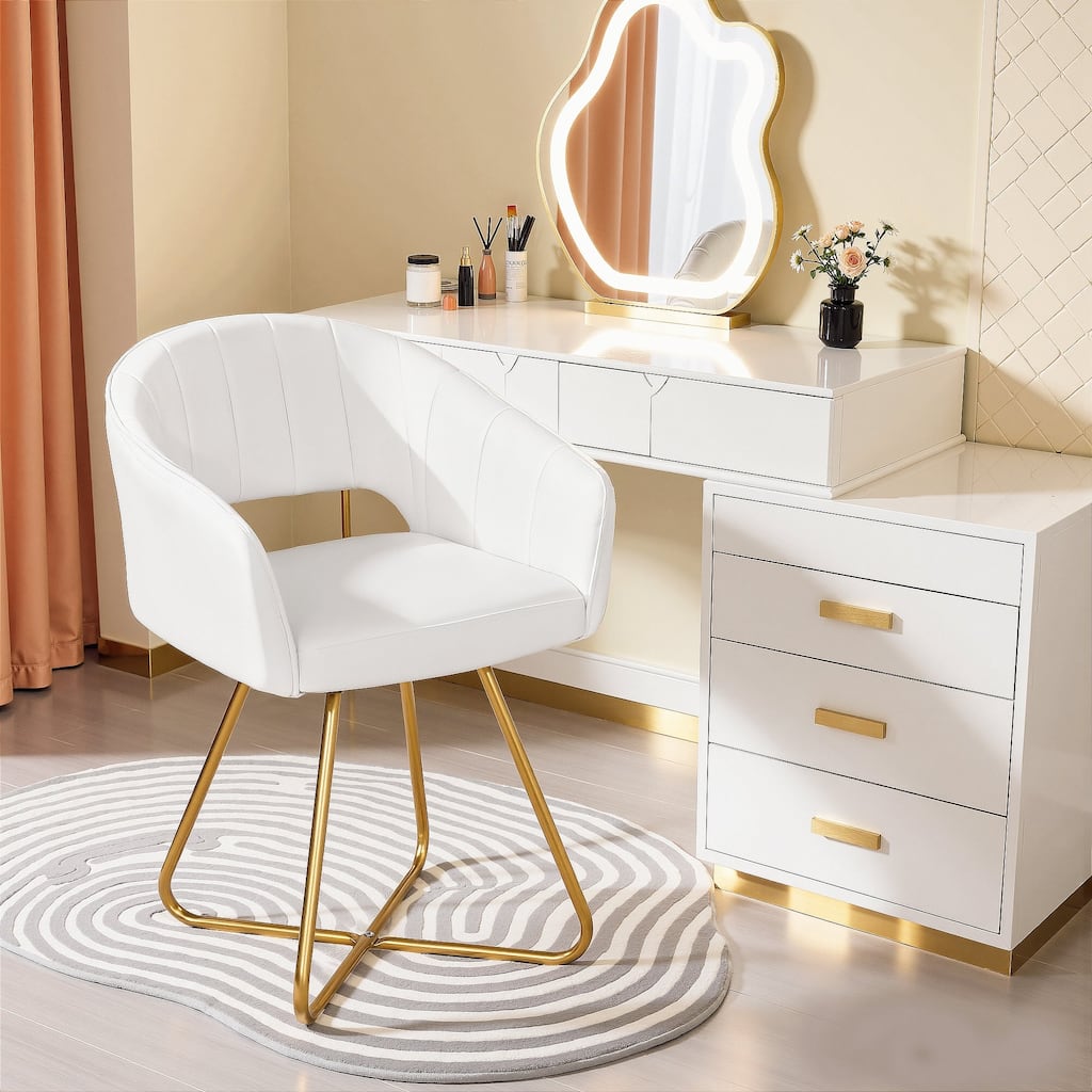 VECELO White Velvet Accent Chair Set of 1/2 Modern Tufted Upholstered High Back Living Room Chair with Gold X-Frame Vanity Chair
