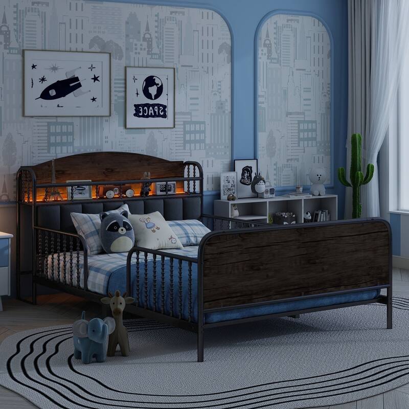 Heavy Duty Metal Platform Bed Frame with Upholstered Headboard, Velvet Headboard with LED Light and Storage Shelves