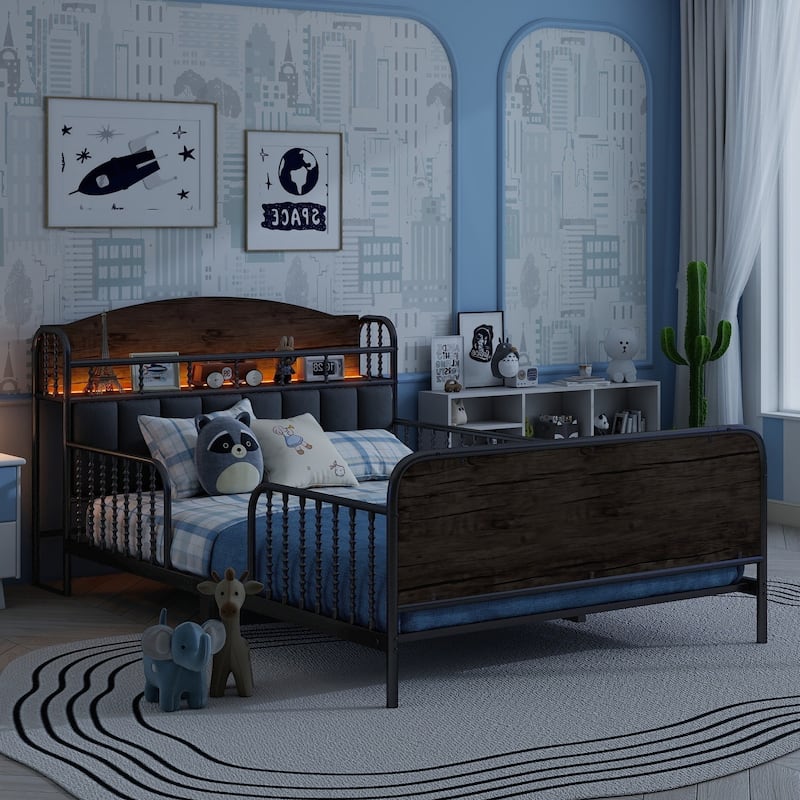 Kids Platform Bed Metal Frame with Linen Fabric Upholstered Storage Headboard Built-in Light Strip, Both Sides Rails - Black - Full
