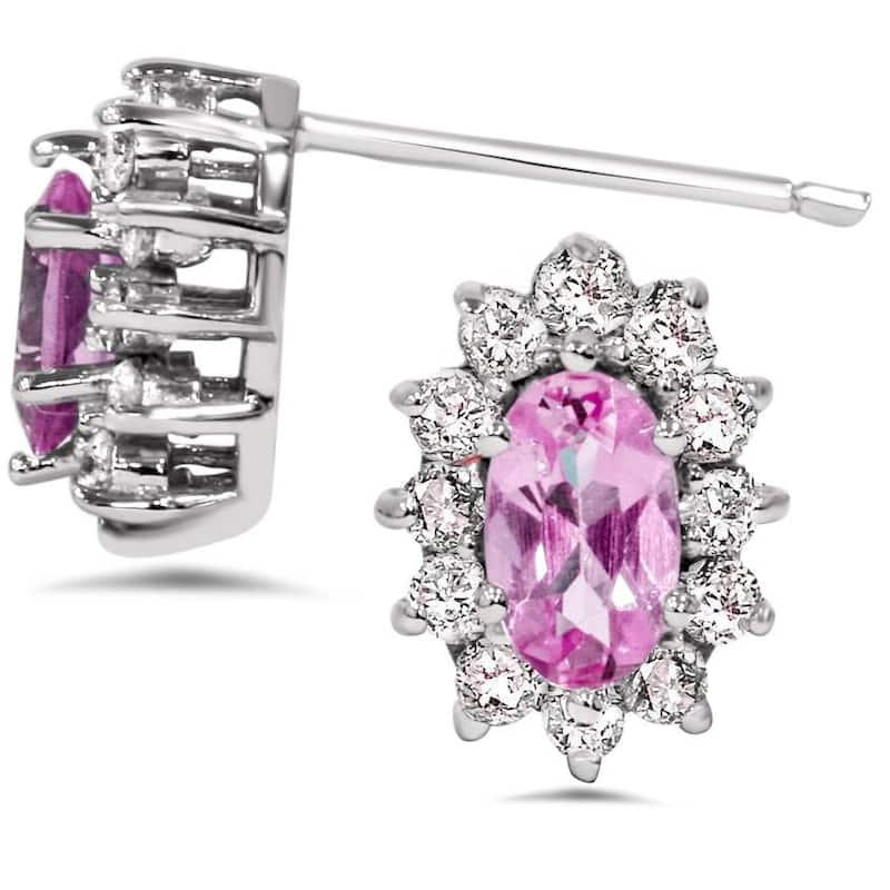 3/4ct Halo Diamond Pink Topaz Studs White Gold