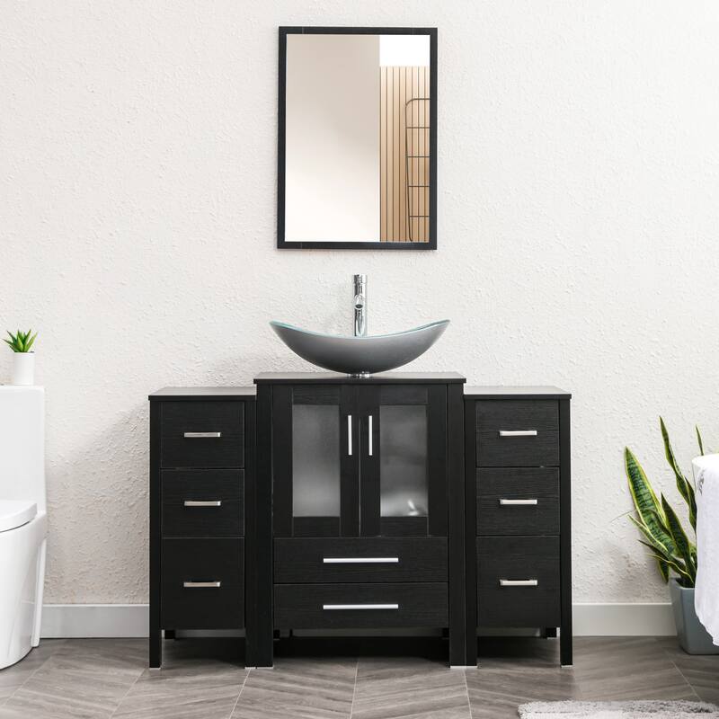 48" Bathroom Vanity Set Vessel Sink Mirror Faucet W/ Small Cabinet Combo - Glass silver boat sink - Black