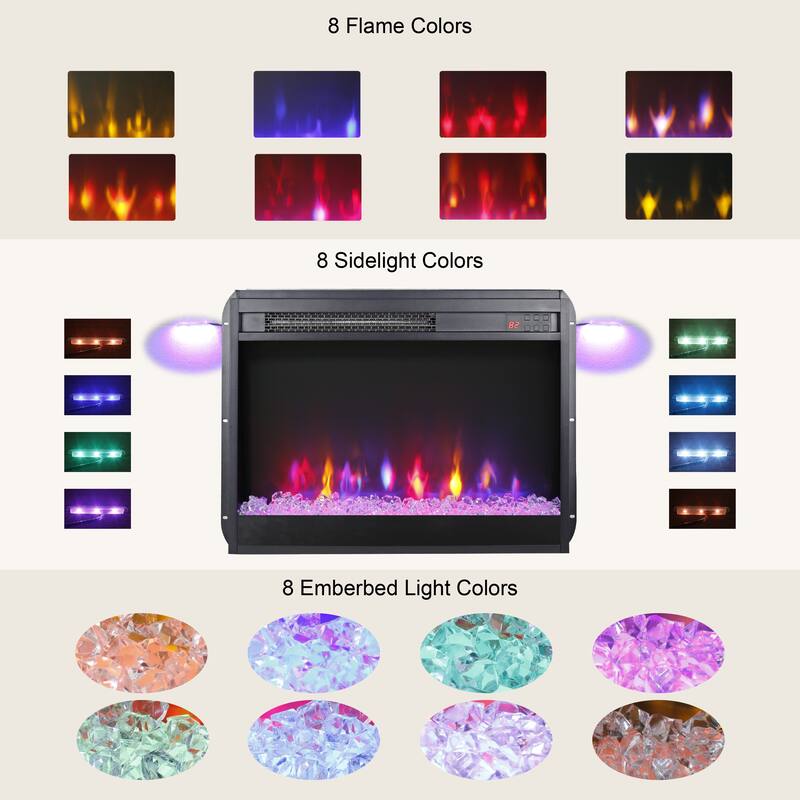 23 inch electric fireplace insert,heater,crystal,realistic flame,remote control with timer,overheating protection,with sidelight