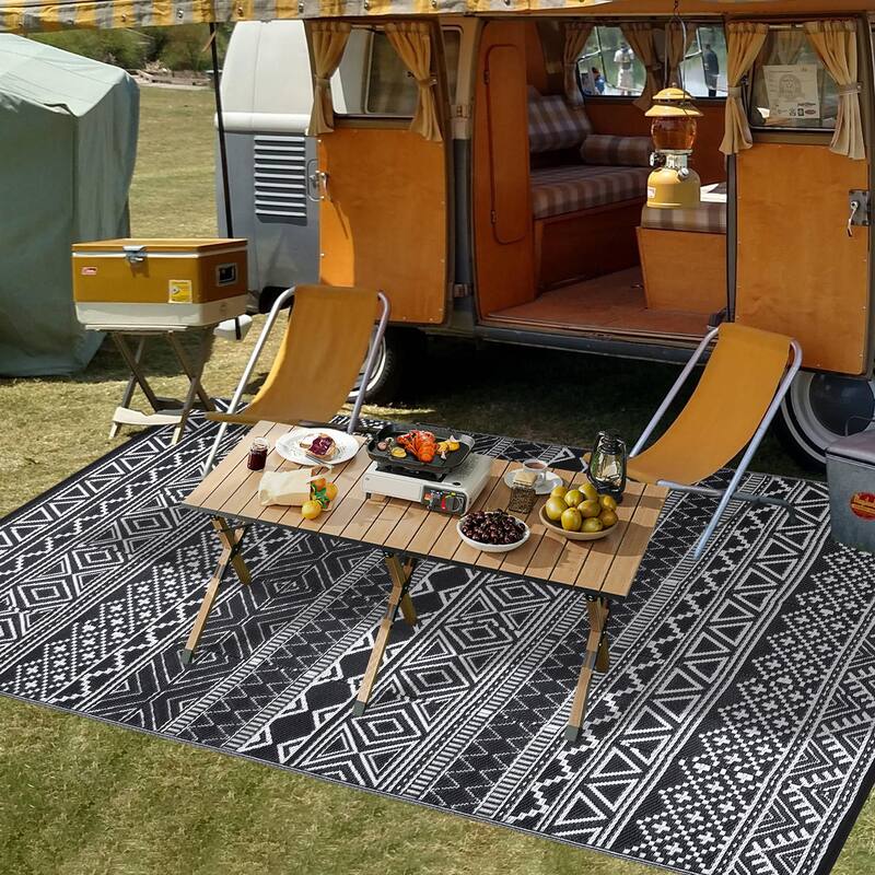 Outdoor Rug Waterproof Patio Rug Mat Geometric Rug Plastic Straw Outside Rug for RV Camping Picnic Reversible Rug