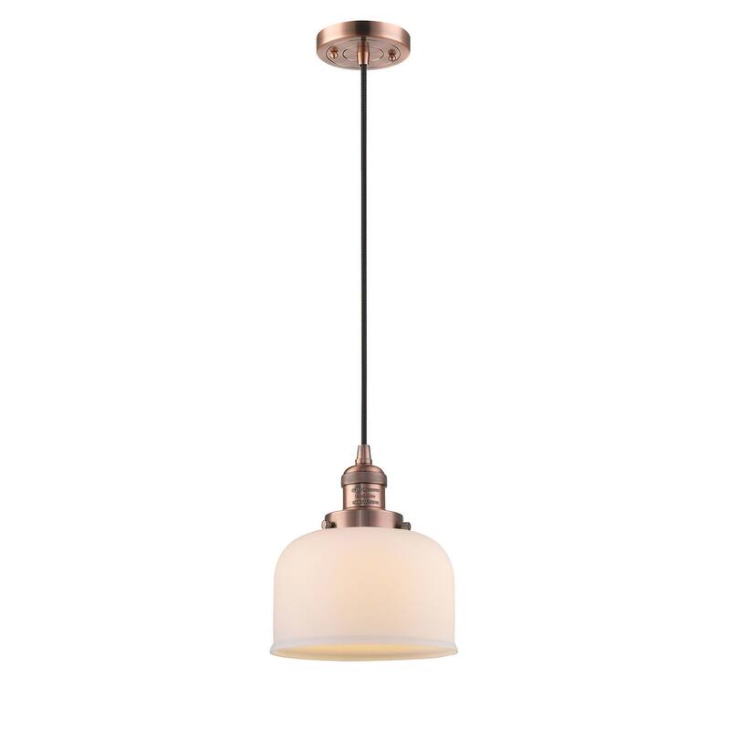 Innovations Lighting Large Bell 8" Wide Mini Pendant - Cord Suspension - Antique Copper / Matte White Cased