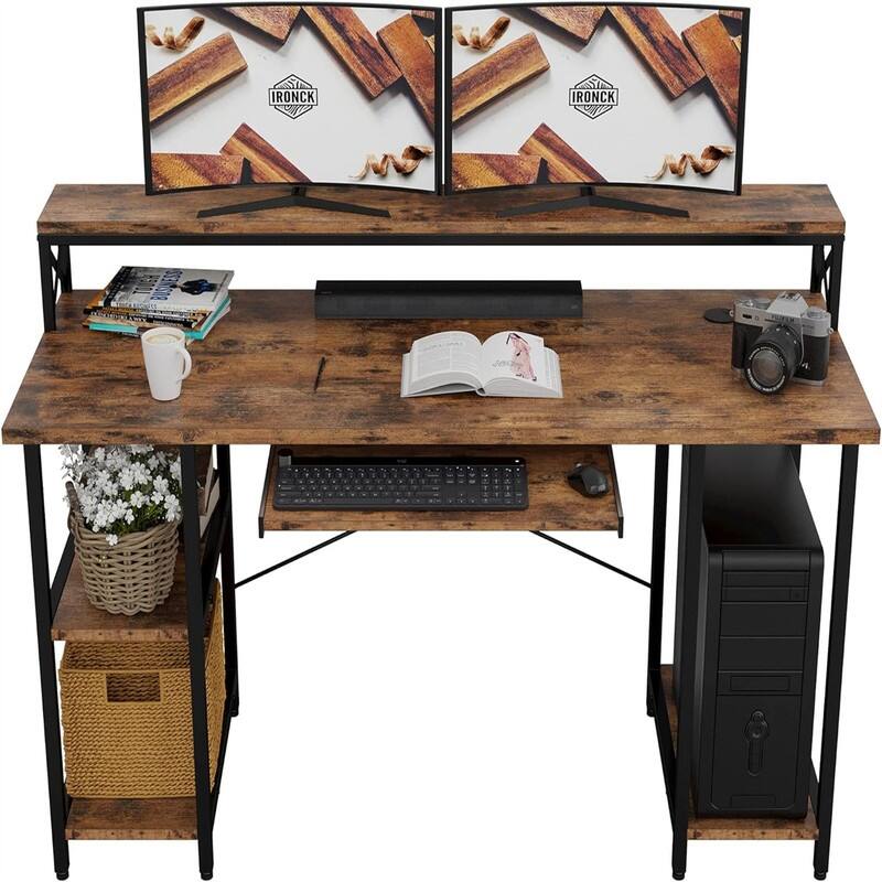 Home Office Desk with Keyboard Tray - 23"D x 55"W x 33"H - Vintage Brown