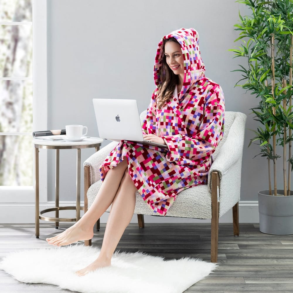 Classic Turkish Towels Multicolor Square Printed Hooded Velour with Terry Lining SPA Bath Robe