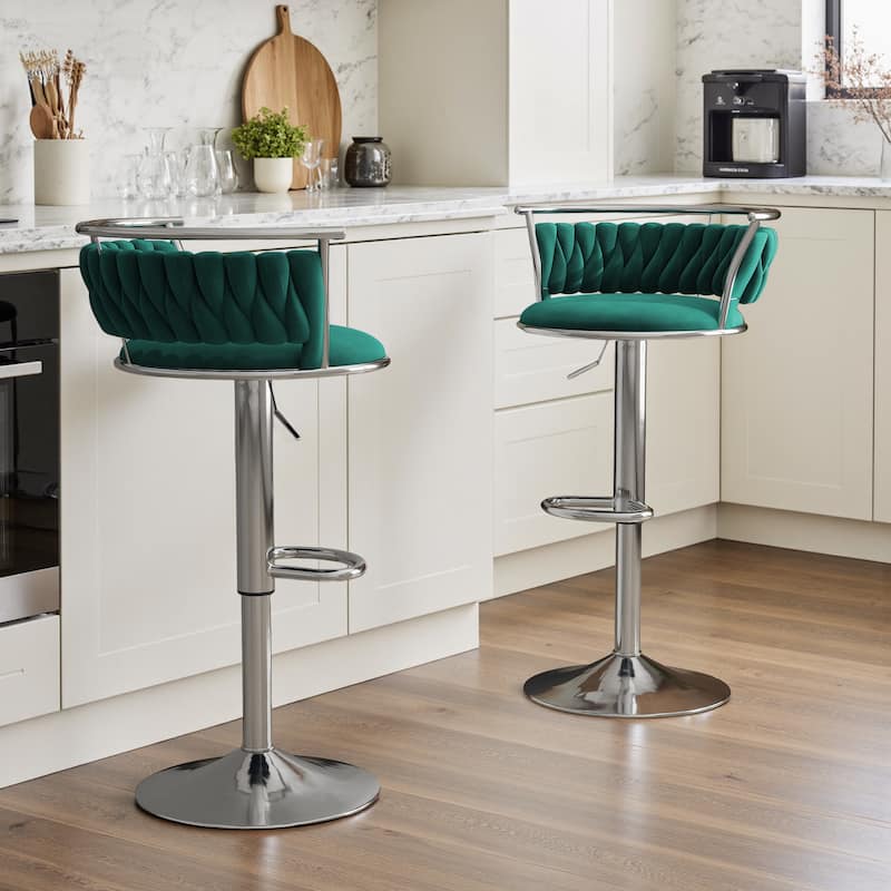 Set of 2 Velvet Adjustable Swivel Bar Stools - Silver/Dark Green