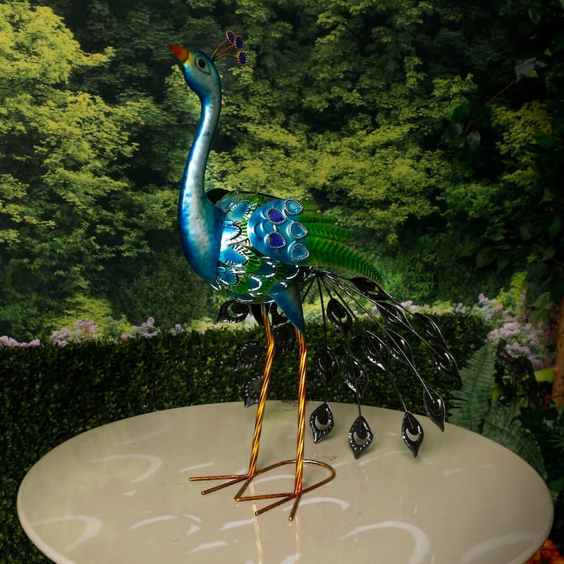 Alpine Corporation 23" Tall Outdoor Metallic Peacock Tail Spread Yard Statue Decoration, Multicolor - 20"