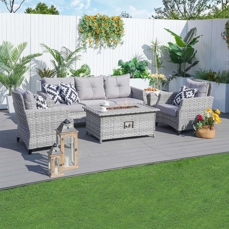 Abrihome 5-piece Wicker Patio Furniture Sofa Set with Gas Fire Pit - Normal
