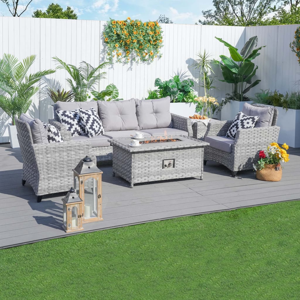 Abrihome 5-piece Wicker Patio Furniture Sofa Set with Gas Fire Pit