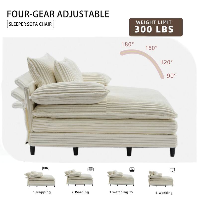 Corduroy Oversized Chaise Lounge with 4-Position Adjustable Backrest, 2 Pillows & 300lb Capacity - Convertible Sofa Bed