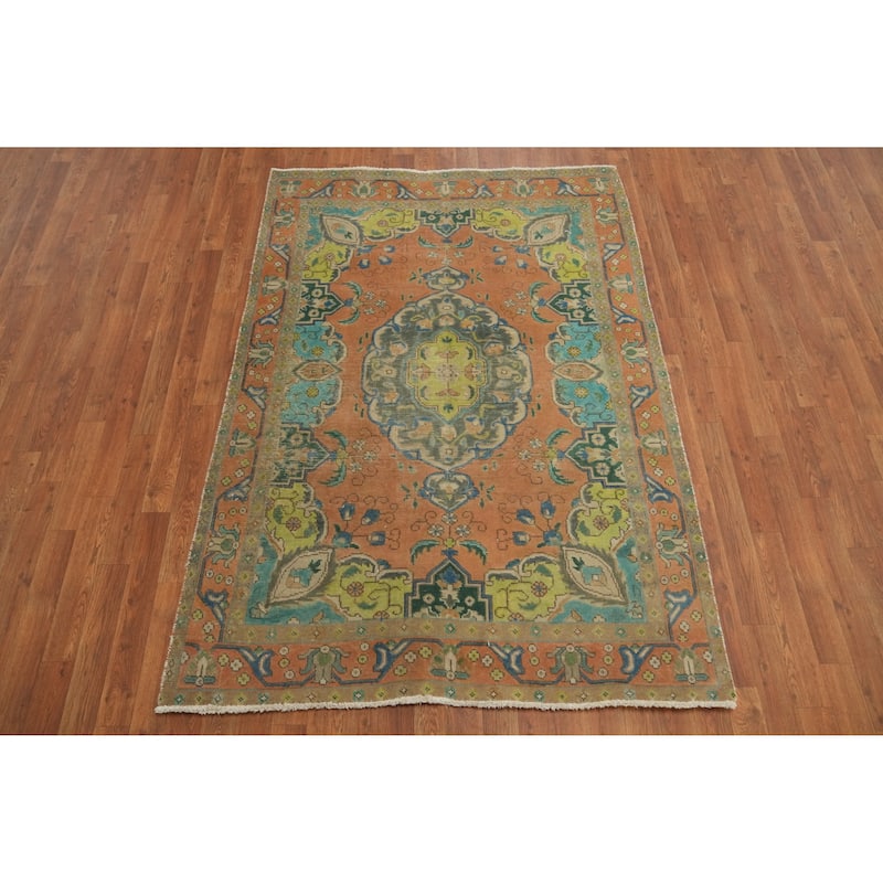 Hand Knotted Oriental 100% Wool Carpet Traditional Medallion Oranges & Rust Tabriz Area Rug - 6' 2'' X 4' 6''