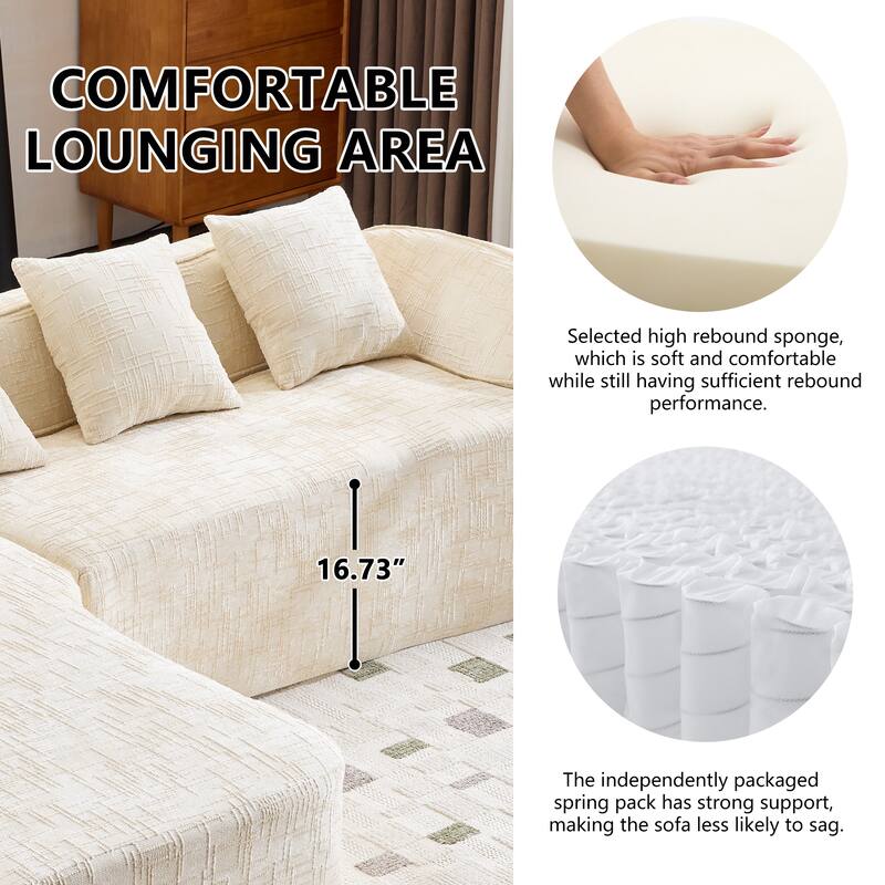 Chenille L-Shaped Compressed Sofa, 4-Seat Sectional Couch with Curved Armrests, High-Elastic Sponge & 4 Throw Pillows