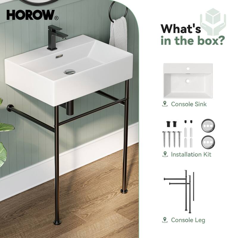 HOROW 24 in. Ceramic White Rectangular Bathroom Console Sink with Black Legs and Overflow