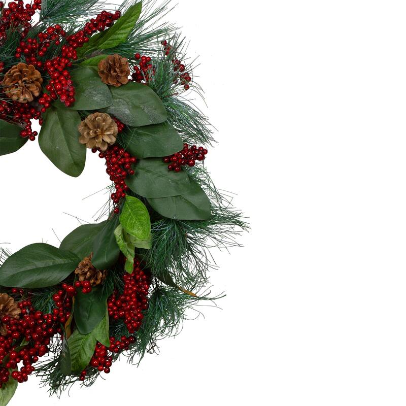Leaves Berry and Pine Needle Artificial Christmas Wreath - 24-Inch Unlit - 24"