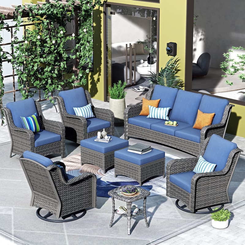 OVIOS 8-piece Rattan Wicker Patio Furniture Set Swivel Rocking Chair Set - Denim Blue