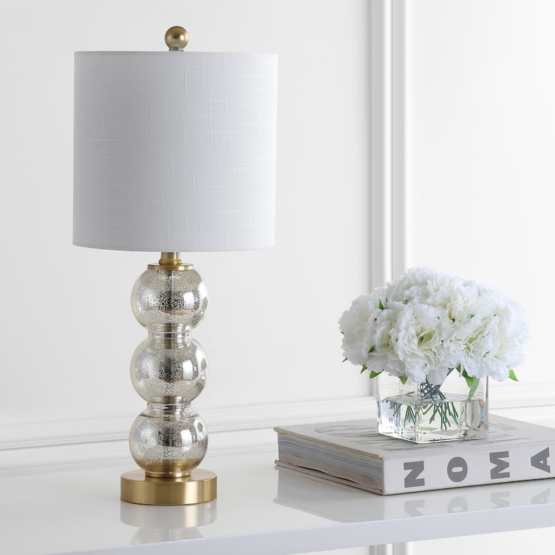 Wilson 21" Glass/Metal LED Table Lamp, White/Brass Gold by JONATHAN Y