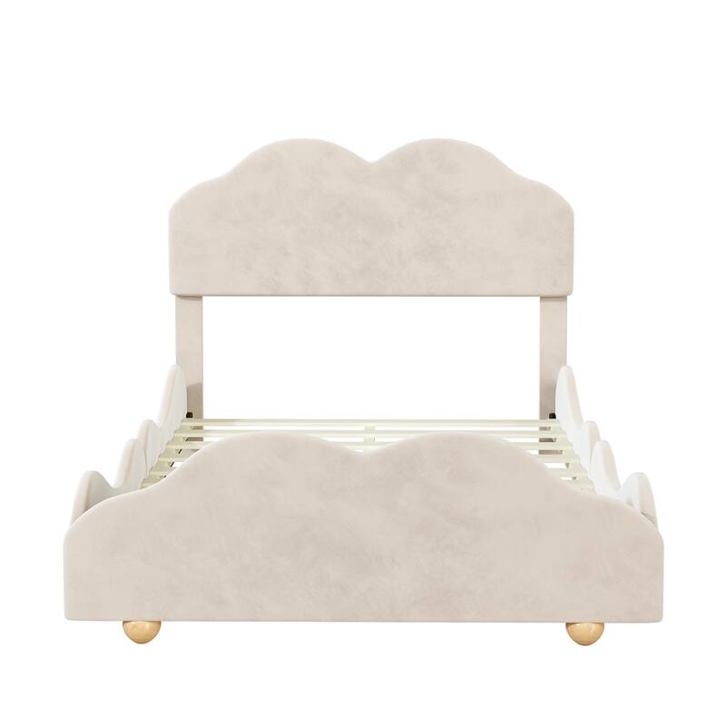 Twin/Full Size Bed Frame with Cloud Shaped Headboard and Footboard, Velvet Platform Bed with Slats Support, No Box Spring Needed
