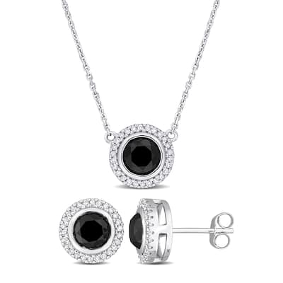 Miadora 3 1/3ct TDW Black White Diamond Halo Stud Earrings Pendant Chain Set 14k White Gold