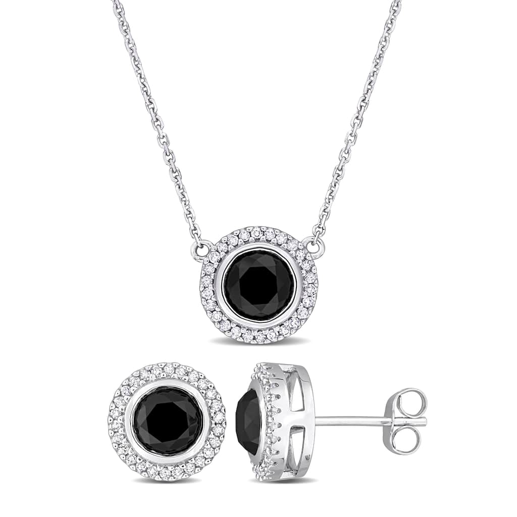Miadora 3 1/3ct TDW Black White Diamond Halo Stud Earrings Pendant Chain Set 14k White Gold