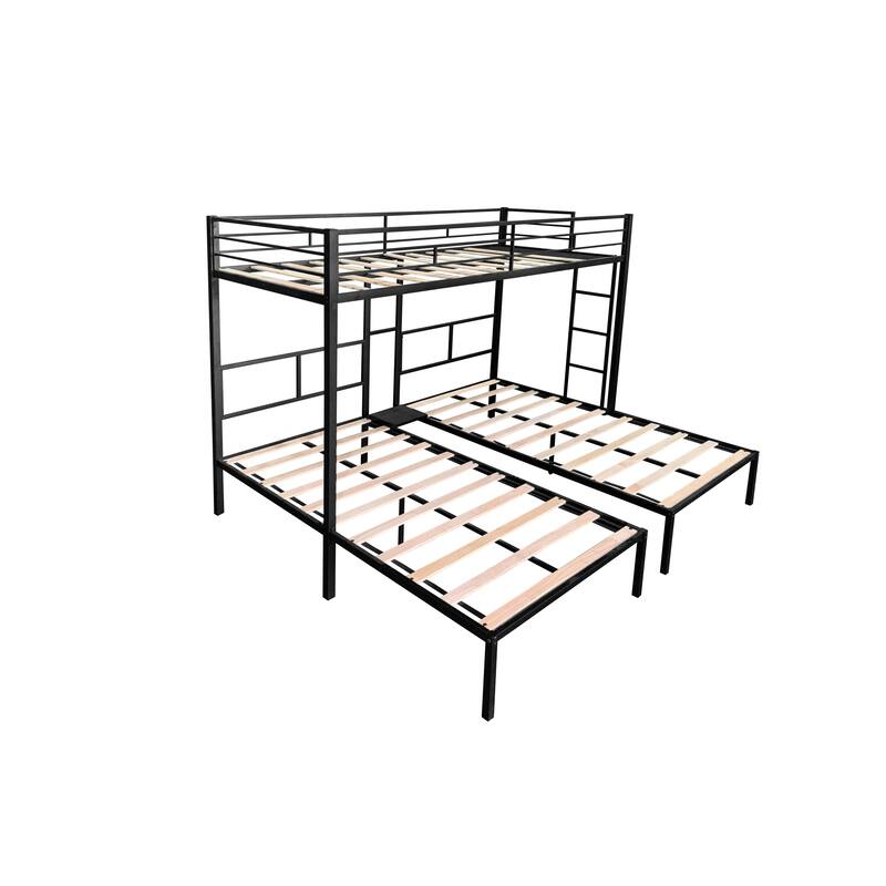 Space-Saving Triple Bunk Bed with Metal Frame, Wooden Slats, and Safety Guardrails