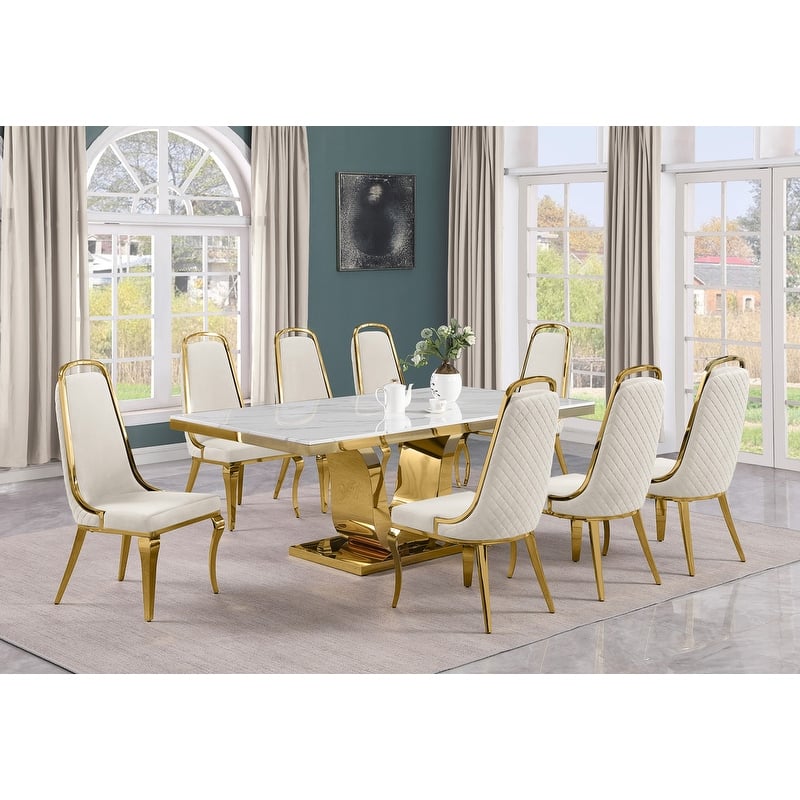 Best Quality Furniture D321-SC314-7 Dining Set with 78" White Marble Top - 9-Piece - Cream / Gold