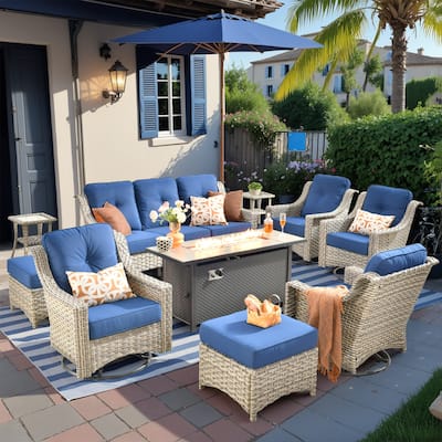 HOOOWOOO 10-piece Wicker Outdoor Patio High Back Swivel Chair Set with Fire Pit