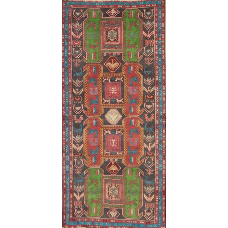 Hand Knotted Oriental 100% Wool Carpet Traditional Tribal Greys & Charcoal Ardebil Runner Rug - 9' 8'' X 4' 4''