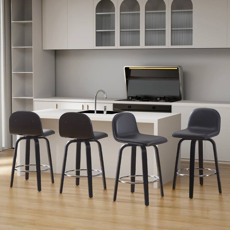 Faux Leather Upholstered Swivel Counter/ Bar Stools with Wood Frame - Set of 4 - Black - Counter Height