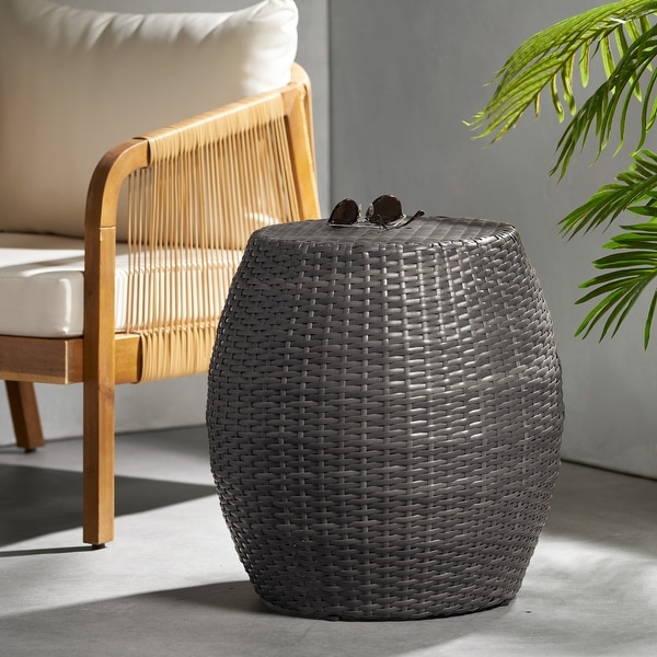Han Outdoor Round Ceramic Tile Side Table with Iron Frame by
