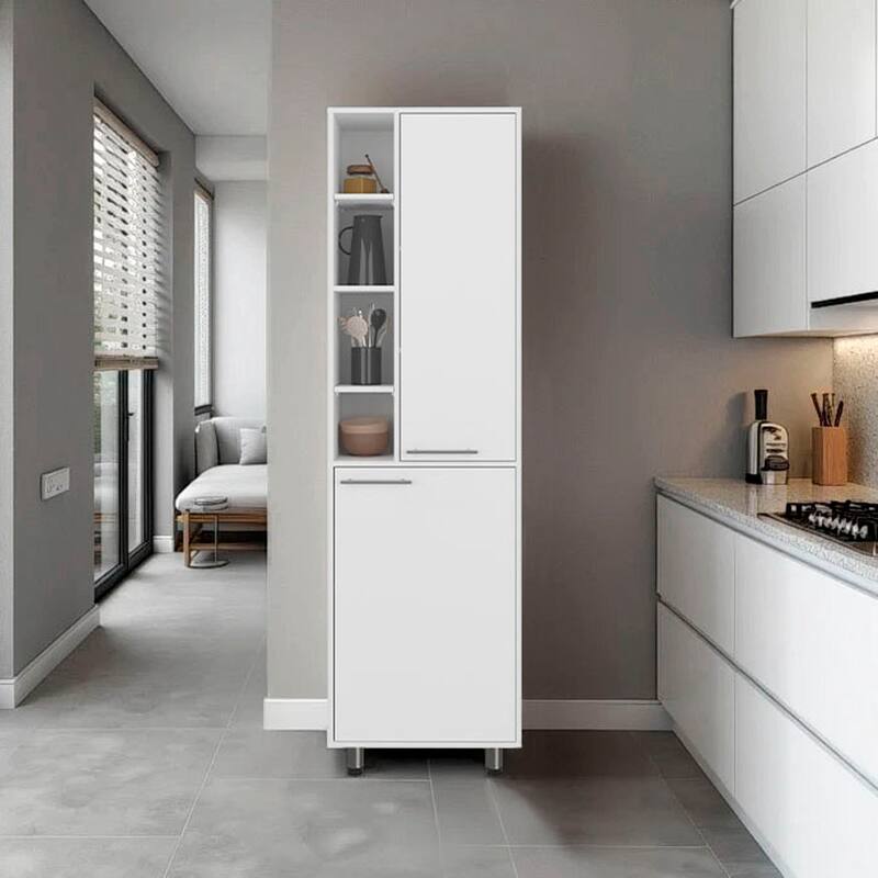 White Kitchen Pantry with Multiple Open and Closed Shelves - White