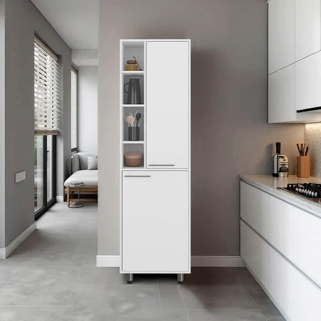 White Kitchen Pantry with Multiple Open and Closed Shelves