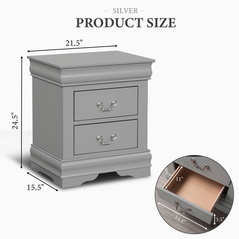 Rossetta Transitional Antique Elegant Style 2-Drawer Nightstand with Solid Wood Legs and Smooth Glides