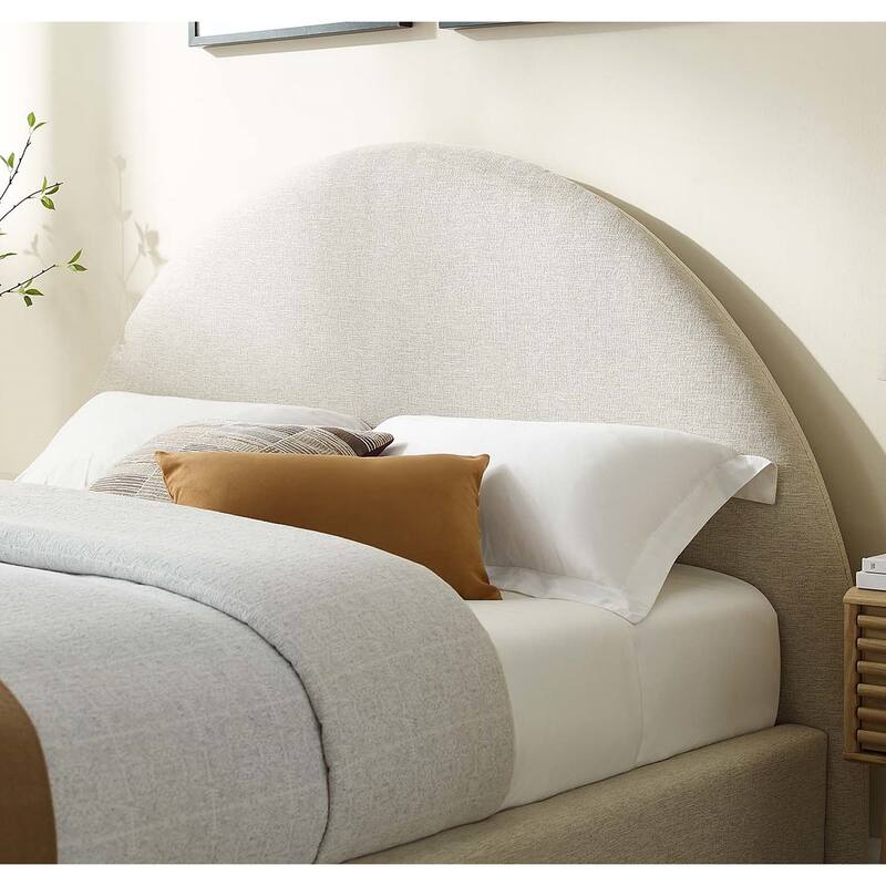 Palmetto Modern Round Headboard Ivory Fabric Upholstered Queen Size Platform Bed