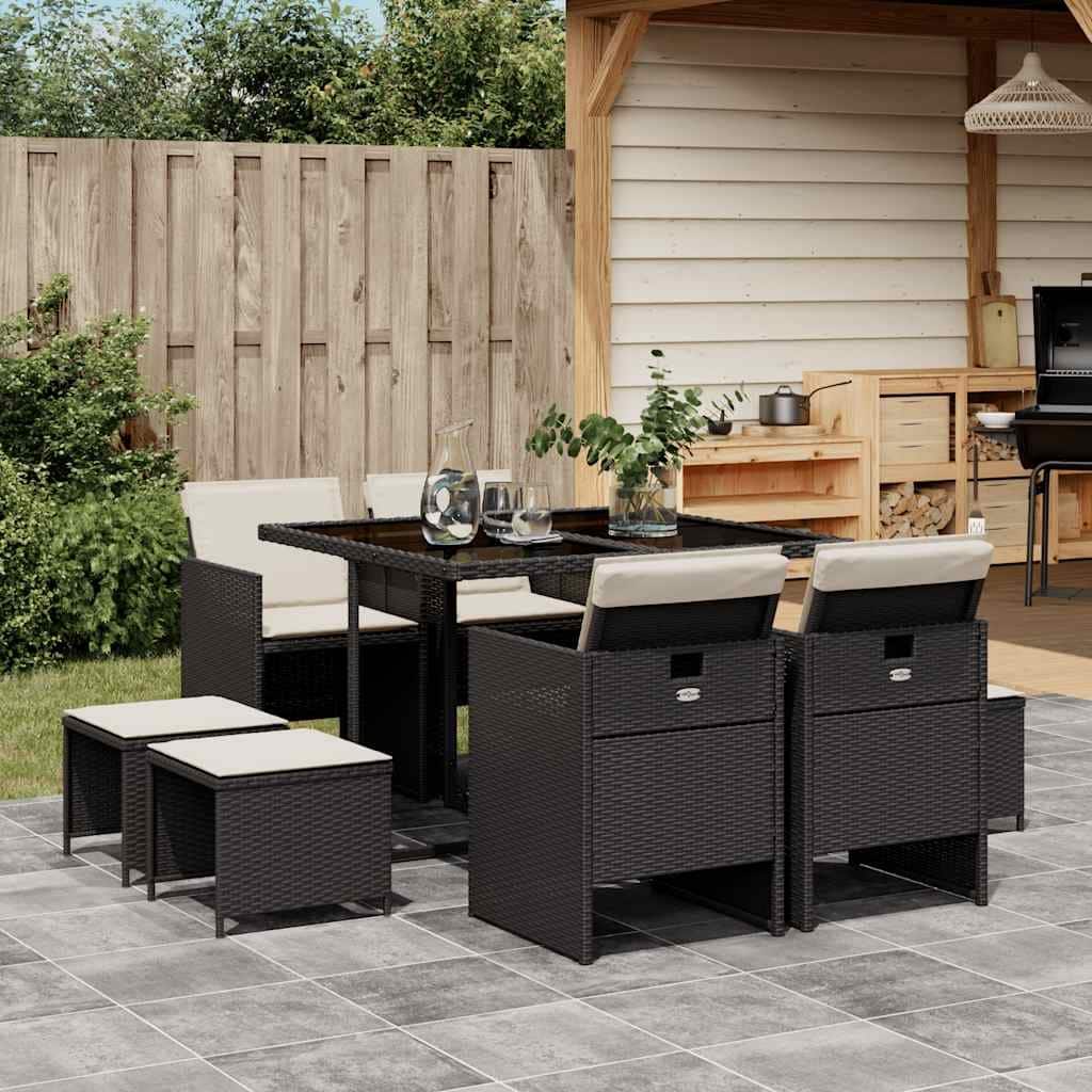 vidaXL 9 Piece Garden Dining Set with Cushions Black Poly Rattan - 110 x 106 x 73 cm
