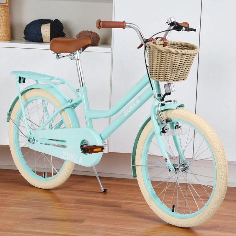 20 Inch Girls Bike with Basket, Single Speed Steel Frame, Front V-Brake & Rear Coaster Brake, Ages 7-10 - Mint Green