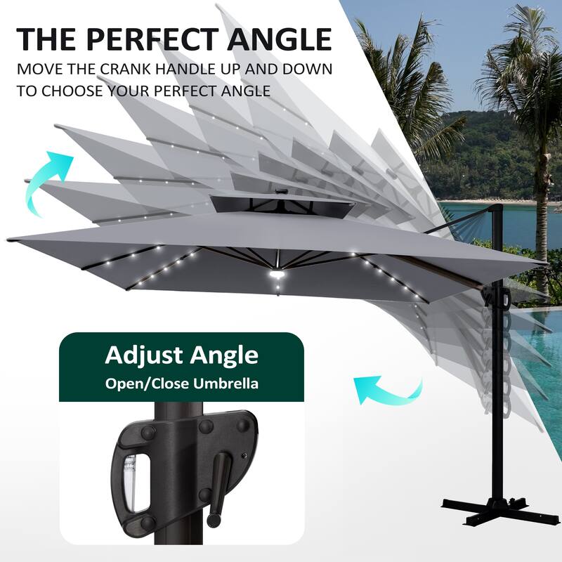 11 FT Square Outdoor Patio Cantilever Umbrella with Solar Lights All-Weather Wheeled Base Double Canopy 360 Rotation Tilt