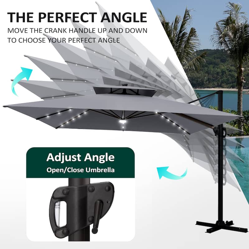Pellebant 11X11 FT Outdoor Square Cantilever Patio Umbrella Solar LED Lighted with Wheel Base