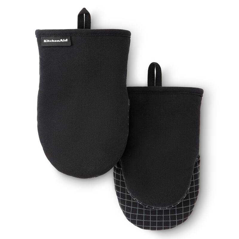 KITCHENAID Gourmet Series Gridlines Mini Oven Mitts 2-Pack Set, Heat Resistant up to 600°F, Soft Silicone Grip, Magnetic Cuff - Matte Black