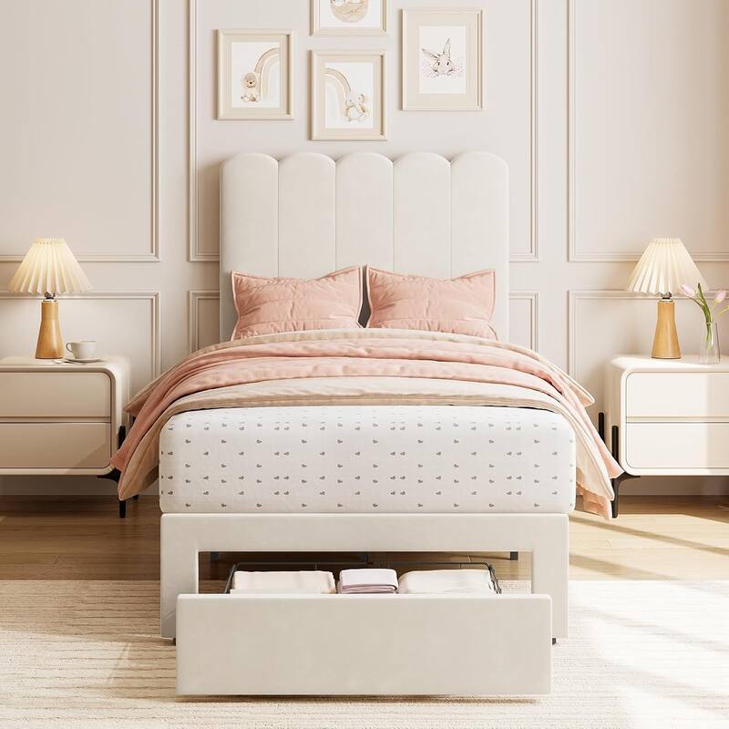 Twin Velvet Upholstered Platform Bed Frame with Wave Headboard & Drawer, No Box Spring Needed, Wood Slats, Noiseless