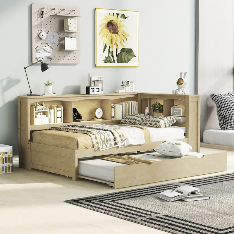 Twin Size Daybed with Trundle, Storage Cabinets and USB Ports, Wood Bed Frame with L-Shaped Bookcases for Bedroom - Natural