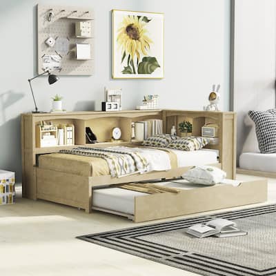 Twin Size Daybed with Trundle, Storage Cabinets and USB Ports, Wood Bed Frame with L-Shaped Bookcases for Bedroom