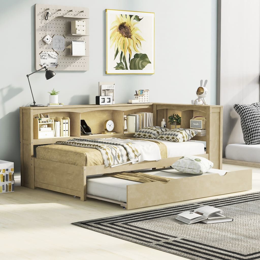 Twin Size Daybed with Trundle, Storage Cabinets and USB Ports, Wood Bed Frame with L-Shaped Bookcases for Bedroom